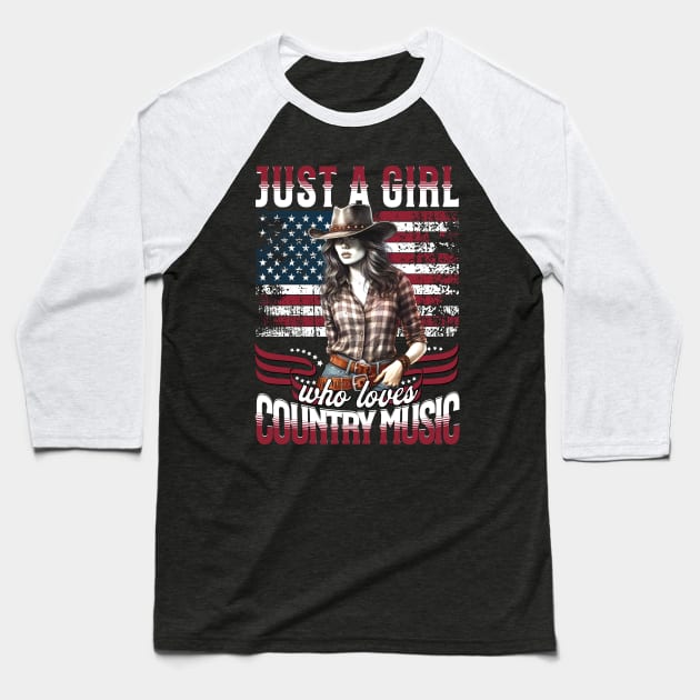 Just A Girl Who Loves Country Music" - Patriotic Cowgirl 4th of July Tee Baseball T-Shirt by JJDezigns